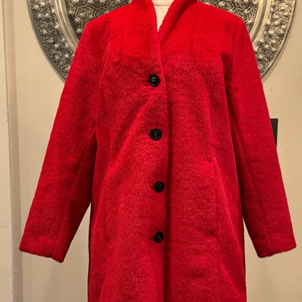 Coldwater Creek Red Faux Fur Car Coat - Picture 1 of 13